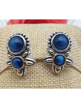 Michael Morrison Two Tone Silver & Gold Blue Glass Bead Floral Earrings Sign MX